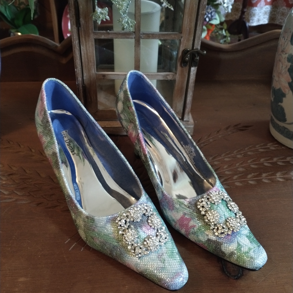 Pierre Dumas Blue and Green Heels with Ornate Detailing